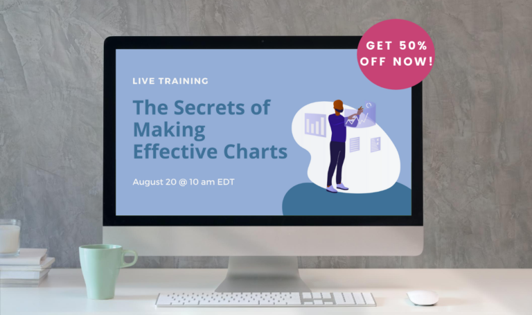 Mock up of live training for The Secrets of Making Effective Charts or Data Visualization displayed on a desktop screen.