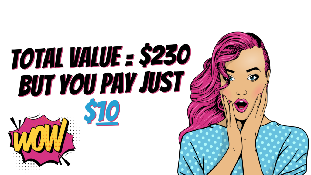 A comic-style drawing of a woman in blue polk a dot shirt and pink hair. She has a shocked expression and both her hands are on the side of her face. Next to her, the text say total value = $230 but you pay just $10"