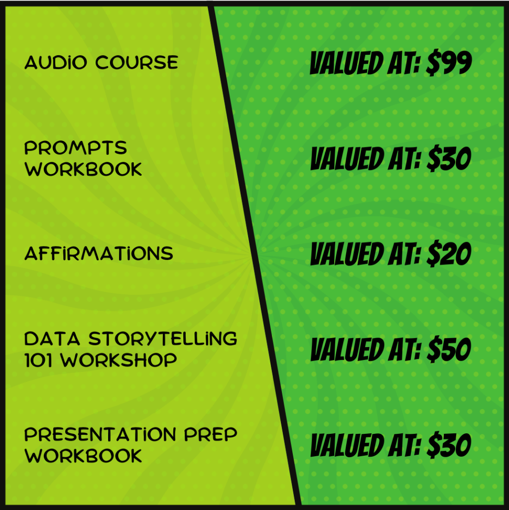 A graphic listing a table of items included in the course and their values. Audio course $99, prompts workbook $30, affirmations $20, data storytelling 101 workshop $50, presentation prep workbook $30